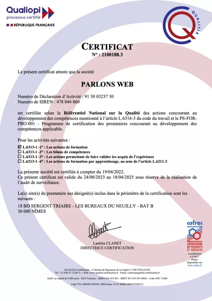 Certificat de Conformité Qualiopi de PARLONS WEB