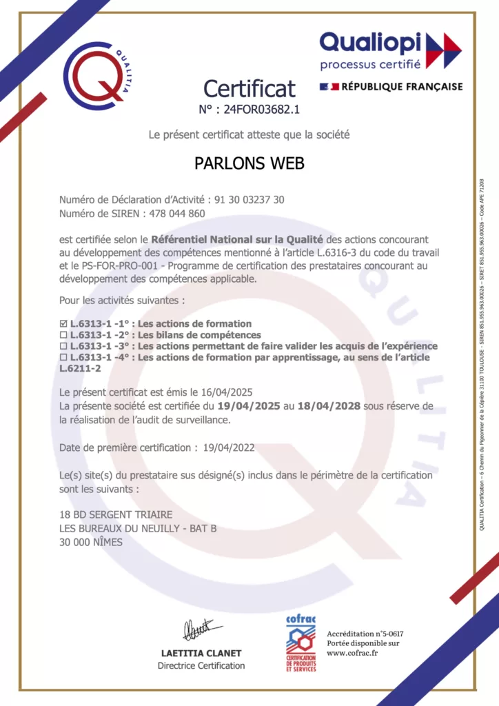 Certificat de Conformité Qualiopi de PARLONS WEB 2025 à 2028